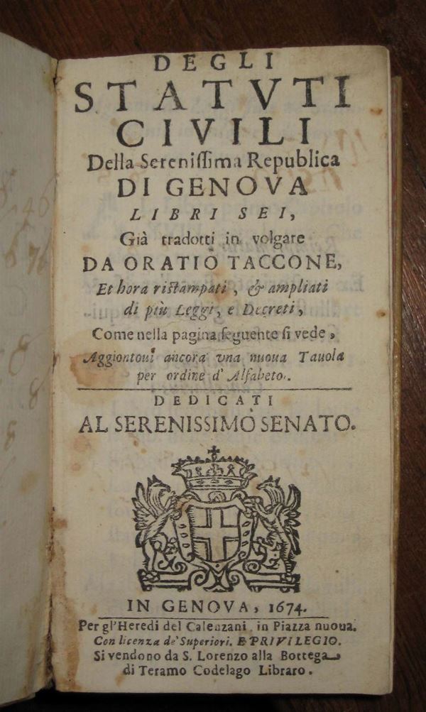 Taccone, Oratio Degli statuti civili della serenissima Repubblica di Genova