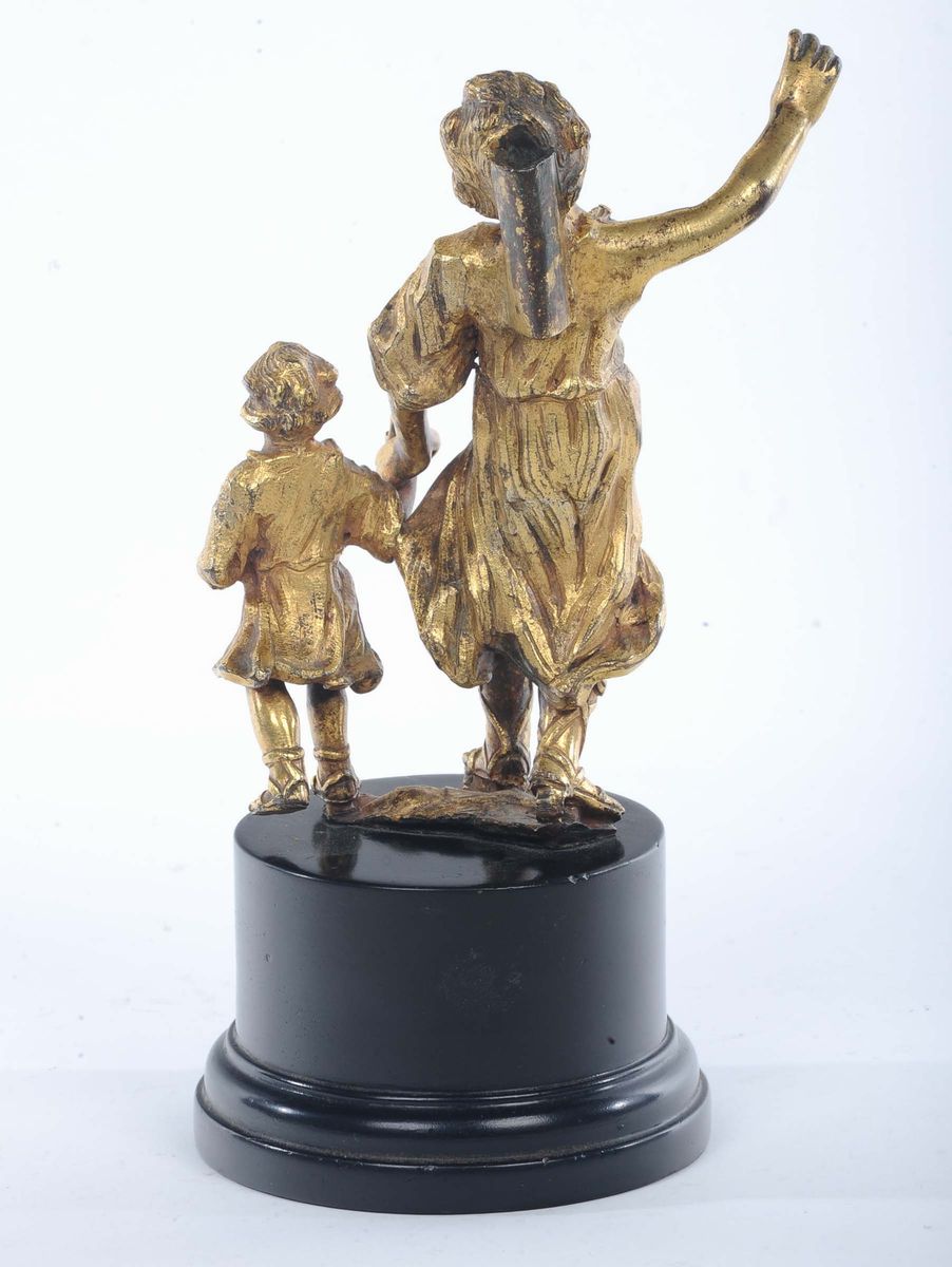 Figura in Bronzo Fuso, Cesellato e Dorato Raffigurante Tobiolo e L’angelo, Italia XVII Secolo