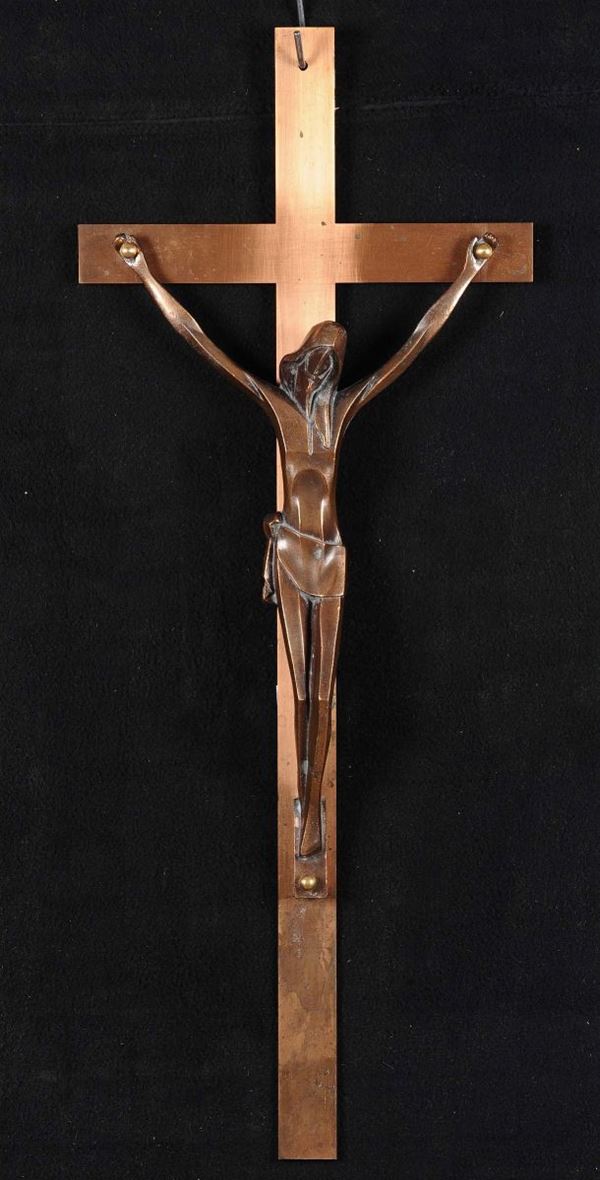 Croce con Cristo in rame, firma incussa R.Lacroix