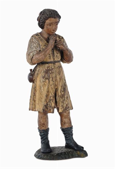 Scultura in Legno Intagliato e Policromo Raffigurante Pastorello, Scultore del XVII Secolo