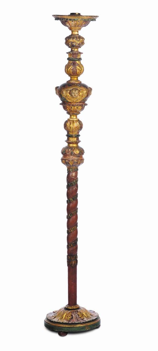 Piantana in legno intagliato, dorato e laccato, XVIII secolo