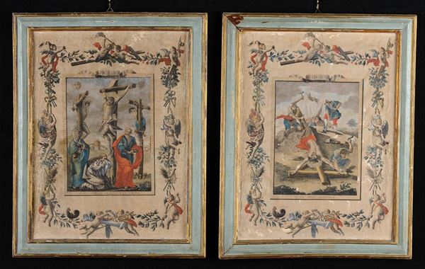 Coppia di stampe con episodi della crocifissione