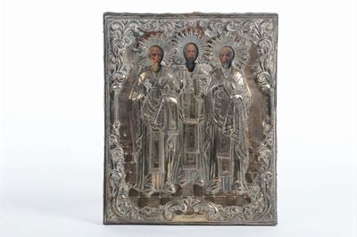 Icona in Legno e Argento Raffigurante Tre Santi