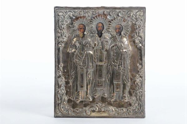 Icona in legno e argento raffigurante tre santi