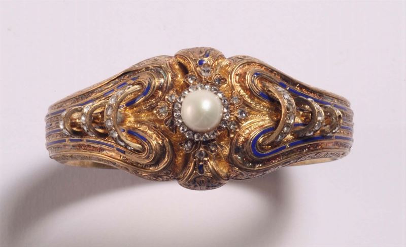Bracciale con perla, smalti e piccoli diamanti  - Asta Argenti e Gioielli Antichi e Contemporanei - Cambi Casa d'Aste