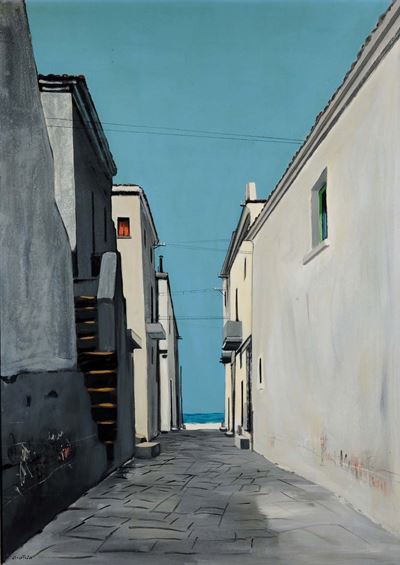 Enotrio Pugliese (1920-1989)vicolo di Paese con Sfondo di Marina