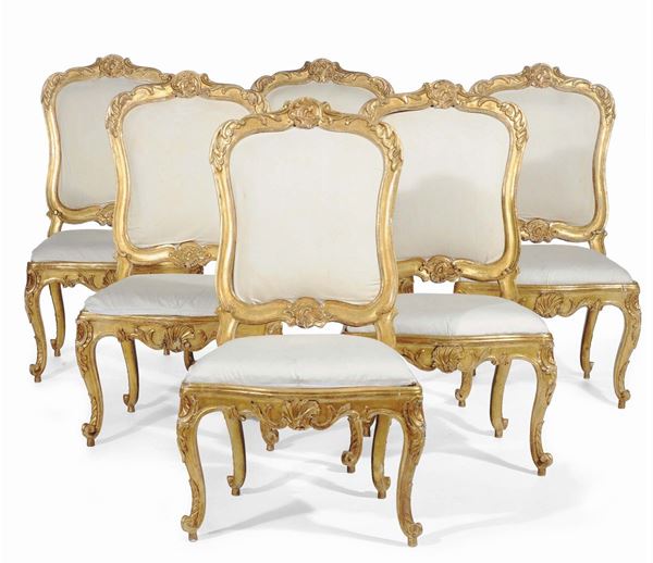 Sei sedie Luigi XV in legno intagliato e dorato, Roma XVIII secolo