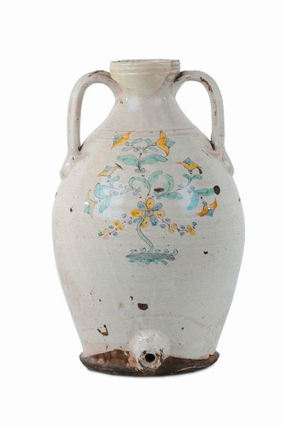 Orcio Biansato in Maiolica a Decoro Floreale Stilizzato, Sicilia XVIII Secolo