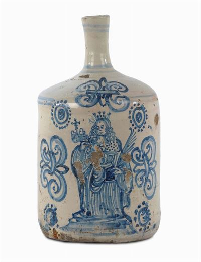 Bottiglia in Maiolica Bianca e Blu, Sicilia XVIII Secolo