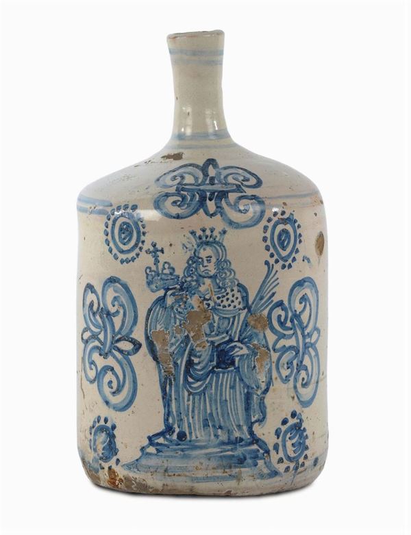 Bottiglia in maiolica bianca e blu, Sicilia XVIII secolo