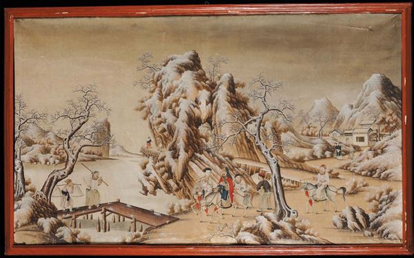 Due pannelli raffiguranti paesaggi innevati, Cina XVIII secolo
