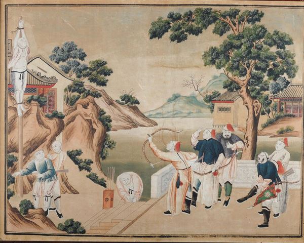 Four panels representing oriental scenes, China, Qing period, 18th century