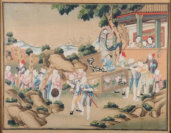 Due pannelli raffiguranti scene di genere, Cina XVIII secolo