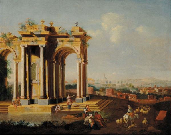 Anonimo della fine del XVIII secolo Paesaggio architettonico con figure