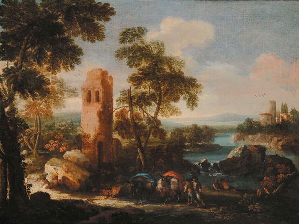 Scuola Romana degli inizi del XVIII secolo Paesaggio fluviale con figure