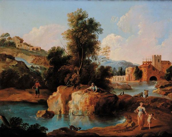 Anonimo del XVIII secolo Paesaggio fluviale con figure