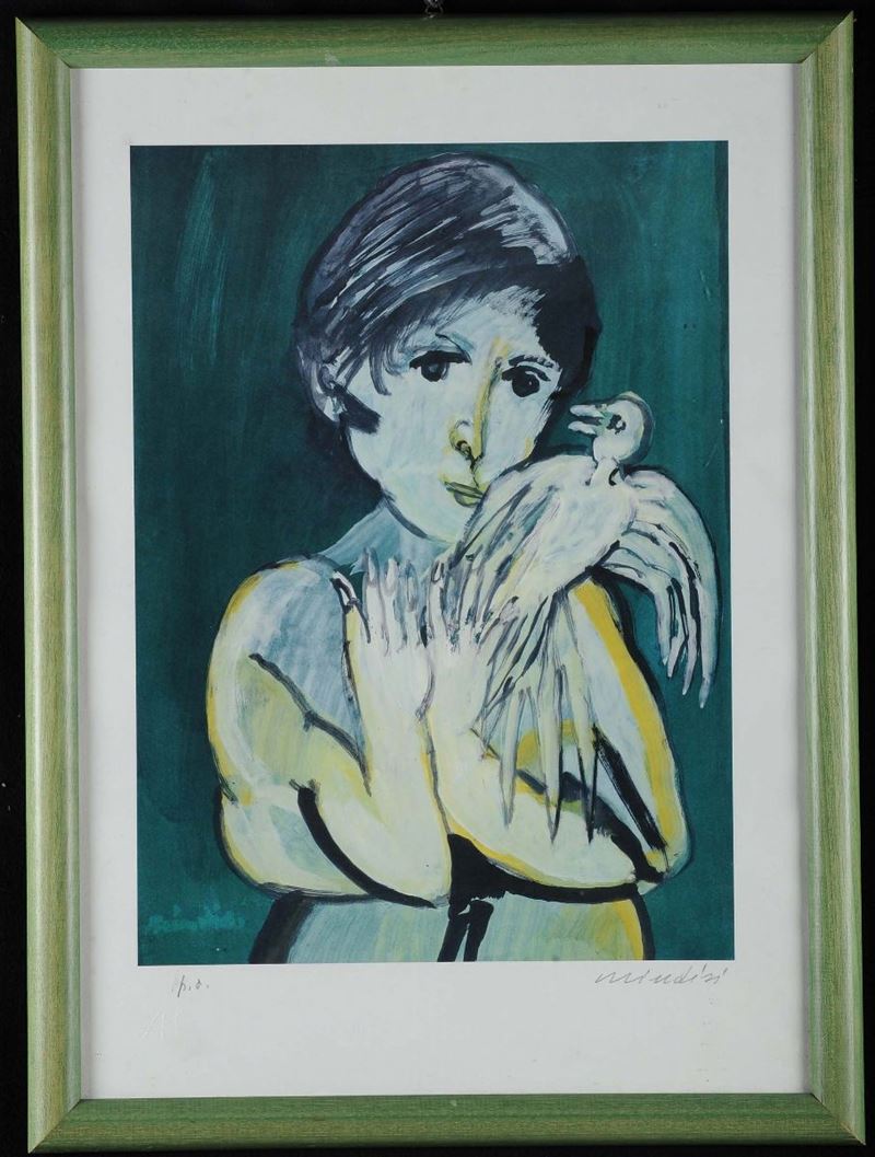 Remo Brindisi (1918-1996) Ragazza con colomba  - Asta Antiquariato e Dipinti Antichi - Cambi Casa d'Aste