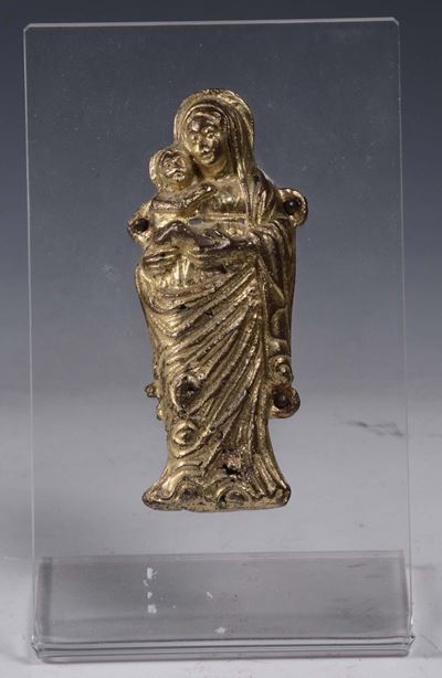 Altorilievo in Bornzo Dorato Raffigurante Madonna con Bambino, Italia del Nord XV Secolo (veneto?...