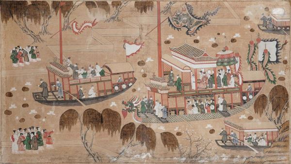Due pannelli raffiguranti scene con personaggi e barche, Cina, Dinastia Qing, XVIII secolo