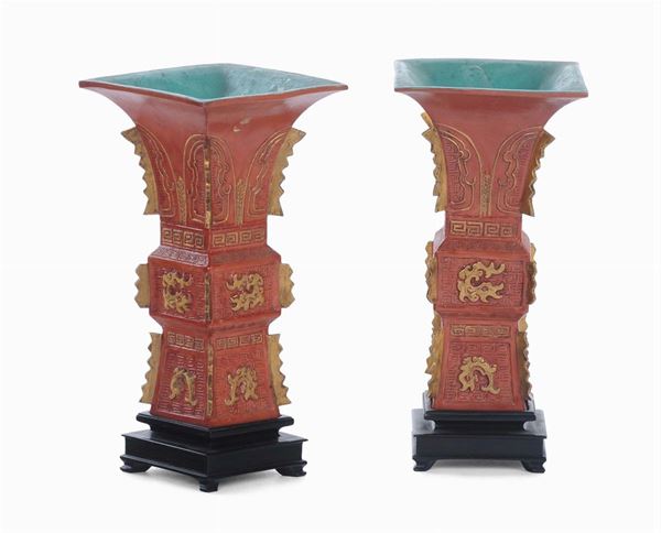 Pair of ceramic and lacquer vases, China, Qing Dynasty, beginning 20th century
