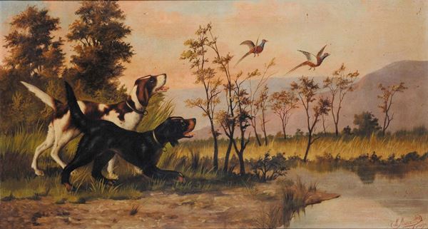 Michelangelo Meucci (1840-1909), attribuito a Cani a caccia