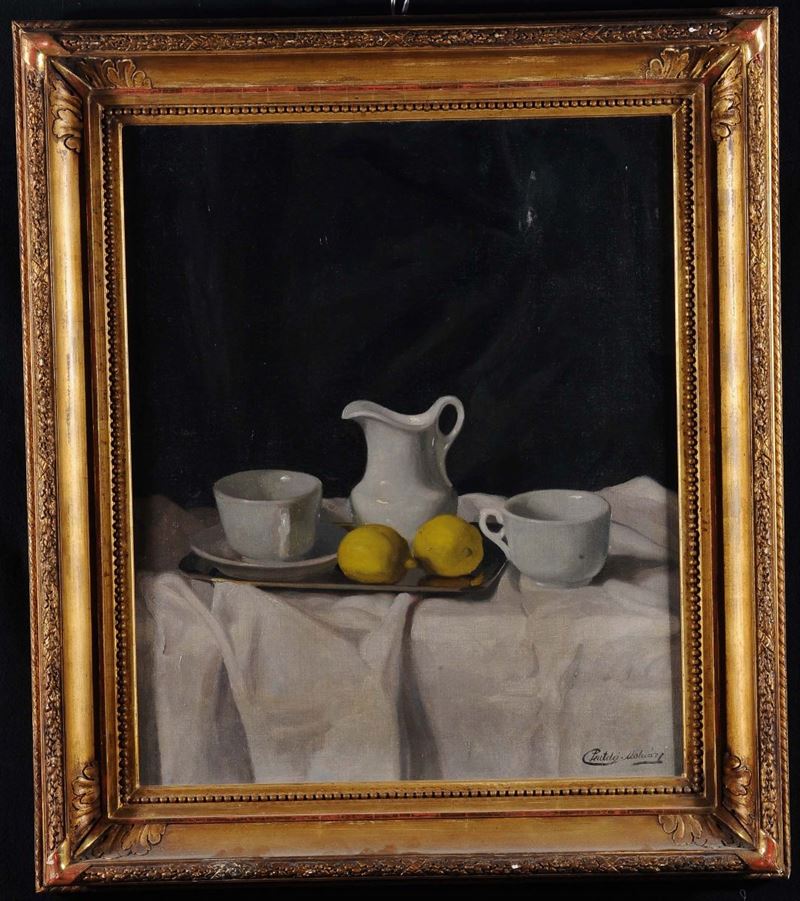 Anonimo del XIX secolo Natura morta con tazze e limone  - Asta Antiquariato e Dipinti Antichi - Cambi Casa d'Aste