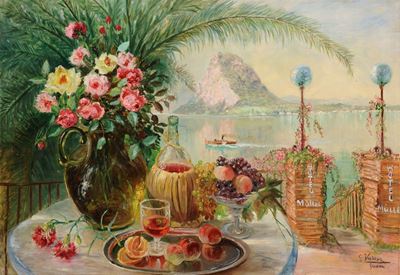 Gerolamo Varese (1860-1935)veduta con Natura Morta