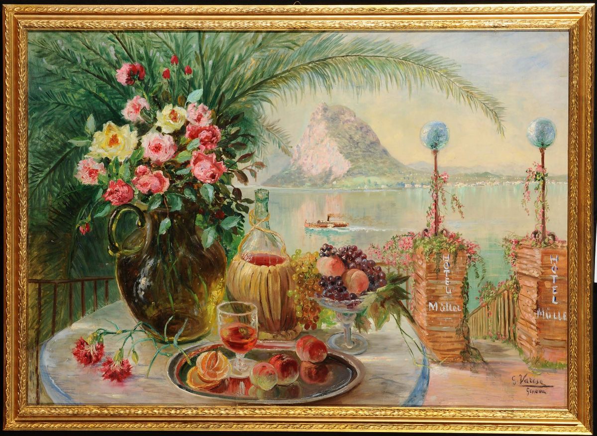 Gerolamo Varese (1860-1935)veduta con Natura Morta