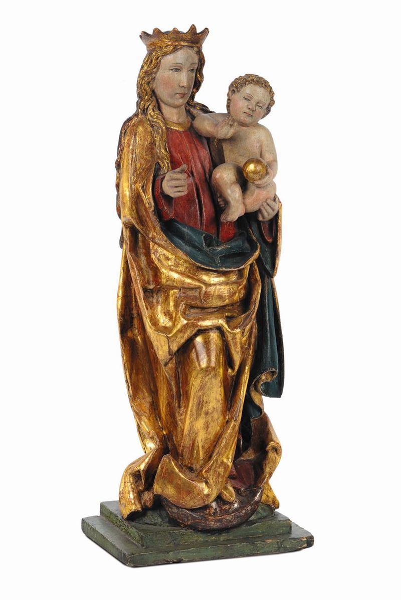Madonna con Bambino in legno policromo e dorato, scultore della Germania meridionale inizio XVI secolo  - Asta Scultura e Oggetti d'Arte - Cambi Casa d'Aste