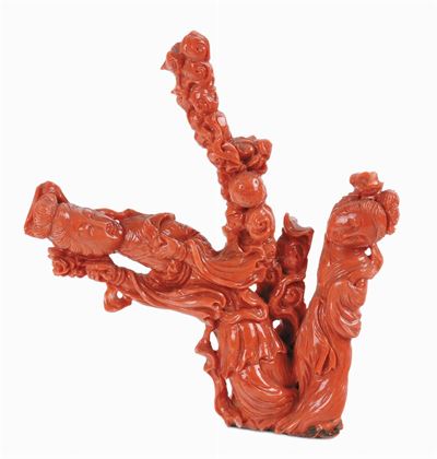 Gruppo in Corallo Rosso con Figure, Cina XX Secolo
