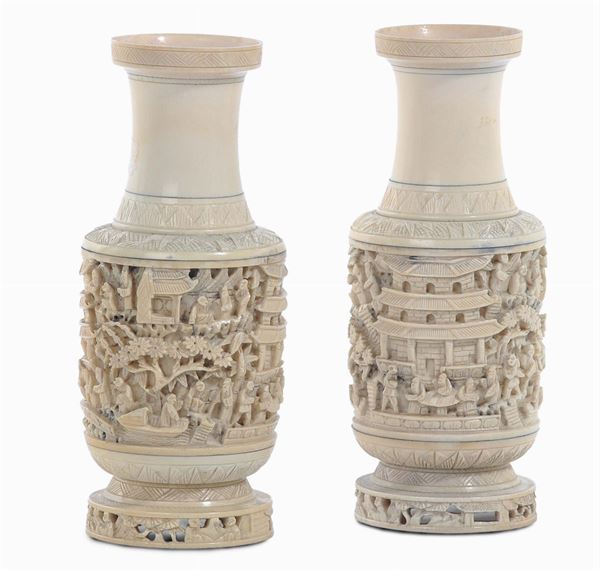 Pair of small ivory vases, China, Canton, 20th century
