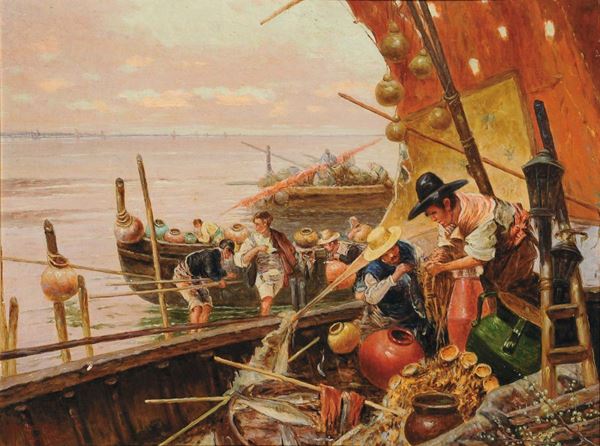 Riccardo Pellegrini (1863-1934) Scena di mercato sulle barche