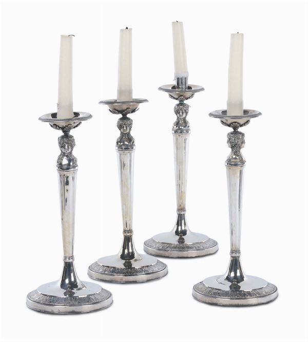 Quattro candelieri Carlo X in argento, Roma, argentiere Filippo della Miglia (1811-1856), gr. 1000