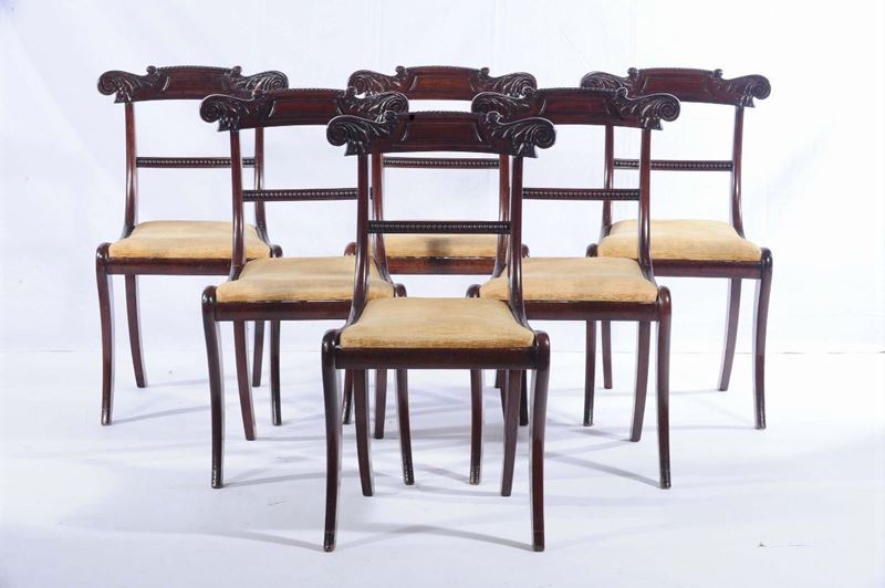 Sei sedie Carlo X in mogano, XIX secolo  - Asta Antiquariato e Dipinti Antichi - Cambi Casa d'Aste