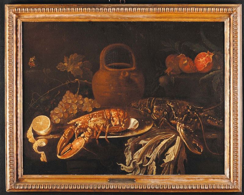 Alexander Coosemans (Antwerp 1627-1689), ambito di Natura morta con aragosta  - Asta Dipinti Antichi - Cambi Casa d'Aste