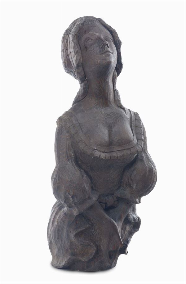 Polena con figura femminile in legno intagliato, XIX secolo