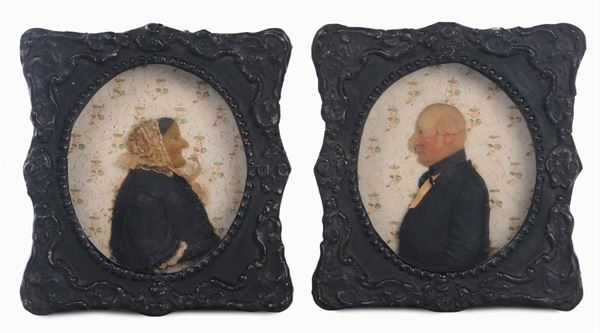 Insieme di tre ritratti in cera policroma entro cornici, Inghilterra o Germania XIX secolo