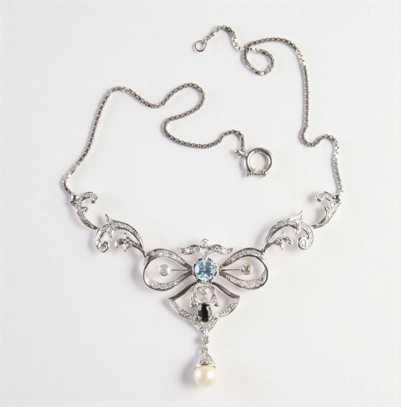 Girocollo con topazio azzurro e perla  - Asta Argenti e Gioielli Antichi e Contemporanei - Cambi Casa d'Aste