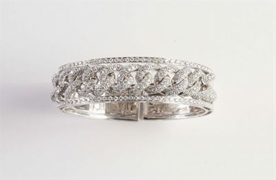 Bracciale Rigido con Inserto a Maglie Gourmette con Pavé di Diamanti, Oro Bianco 18kt