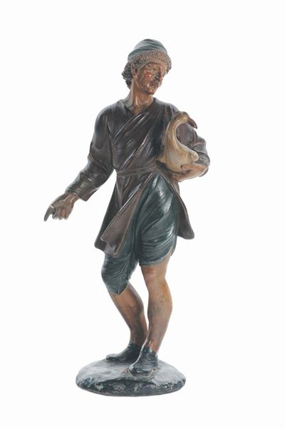 Figura di Contadino con Oca in Legno Policromo, Emilia XVII-XVIII Secolo