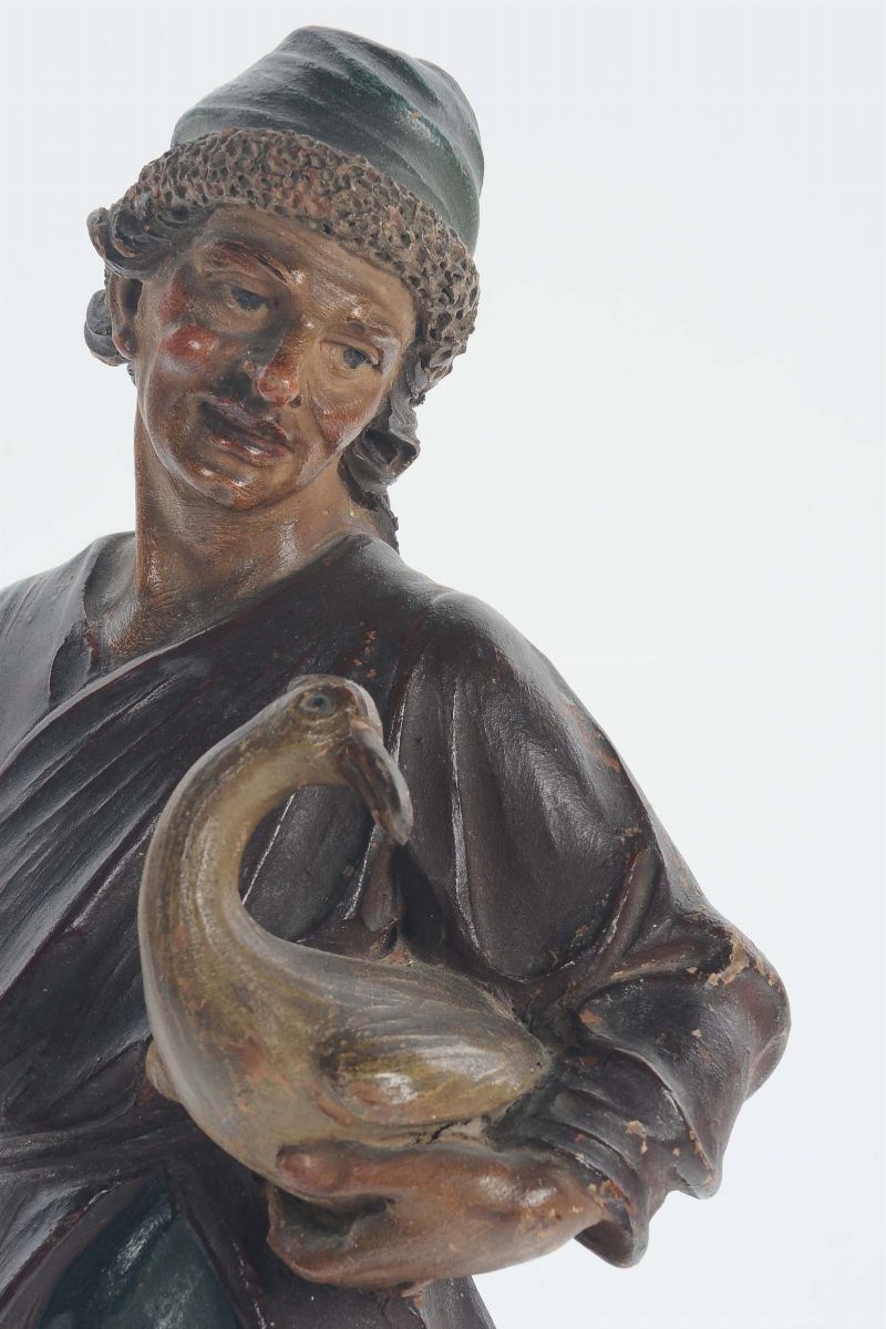 Figura di Contadino con Oca in Legno Policromo, Emilia XVII-XVIII Secolo