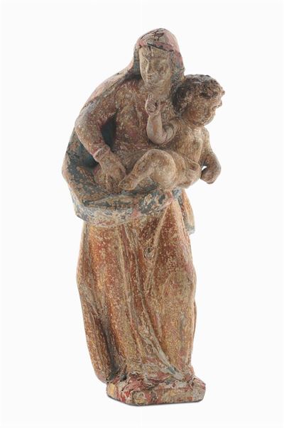 Scultura in Legno con Tracce di Doratura e Policormia Raffigurante Madonna con Bambino, Italia Ce...