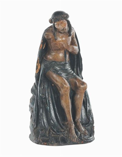 Piccola Scultura in Legno Policromo Raffigurante Ecce Homo, Italia XVII Secolo