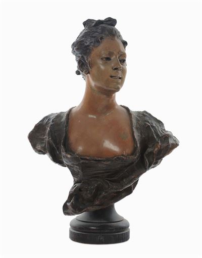 Busto in Terracotta Policroma Raffigurante Giovane Donna con Ampia Scollatura, Italia XVIII Secol...