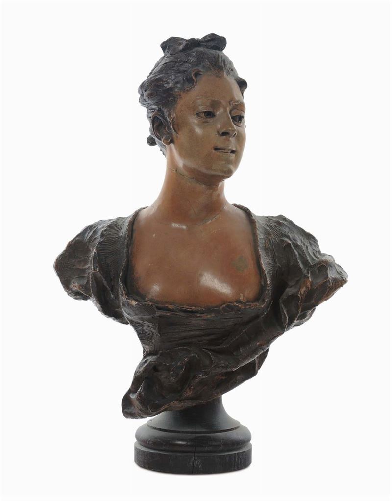 Busto in terracotta policroma raffigurante giovane donna con ampia scollatura, Italia XVIII secolo  - Asta Scultura e Oggetti d'Arte - Cambi Casa d'Aste