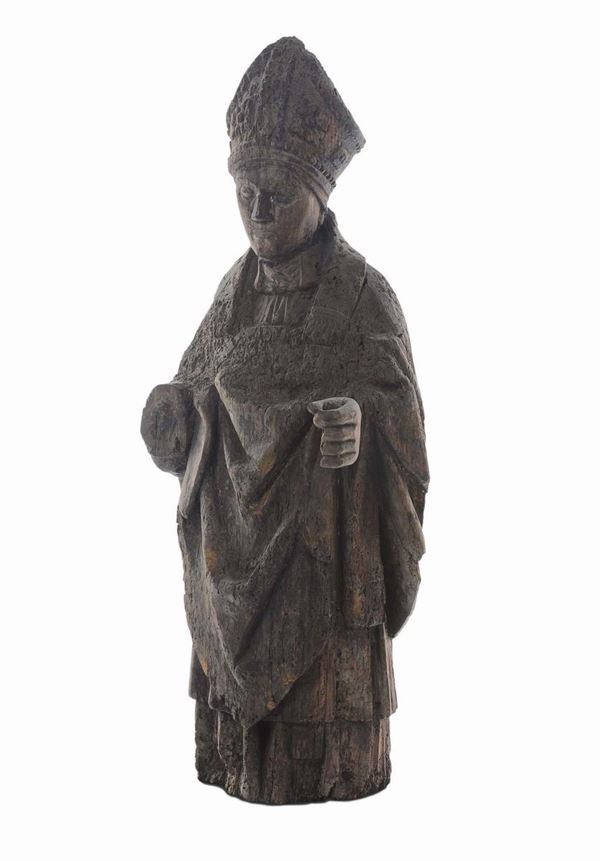 Piccola scultura in legno raffigurante vescovo, Italia del nord o Francia XV secolo