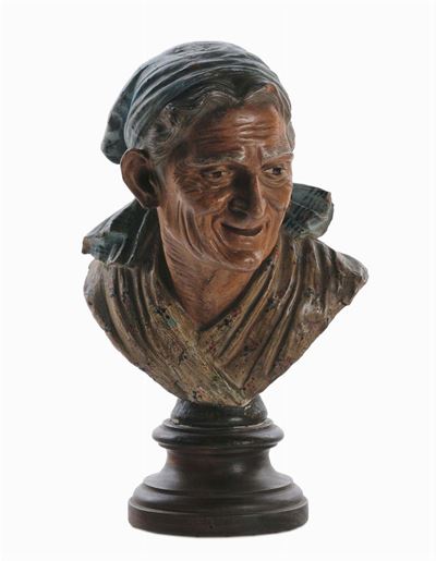 Piccola Scultura in Terracotta Policroma Raffigurante Realistico Ritratto di Vecchia, Scultore de...