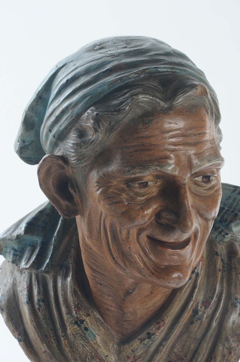 Piccola Scultura in Terracotta Plicroma Raffigurante Realistico Ritratto di Vecchia, Scultore del...