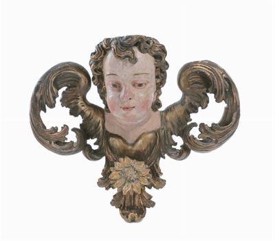 Scultura Barocca in Legno Policromo e Dorato Raffigurante Cherubino, Sud della Germania o Veneto ...