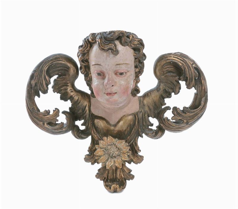 Scultura barocca in legno policormo e dorato raffigurante Cherubino, sud della Germania o Veneto XVII secolo  - Asta Scultura e Oggetti d'Arte - Cambi Casa d'Aste